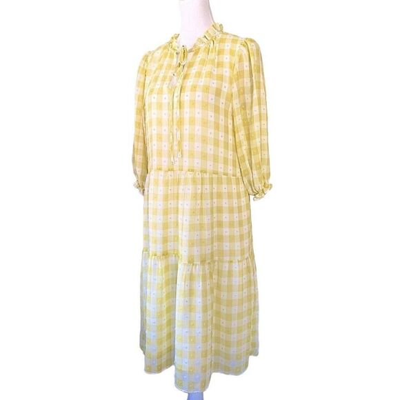Nanette Lepore Yellow & White Tiered Gingham Dress Size 8 - Picture 1 of 7